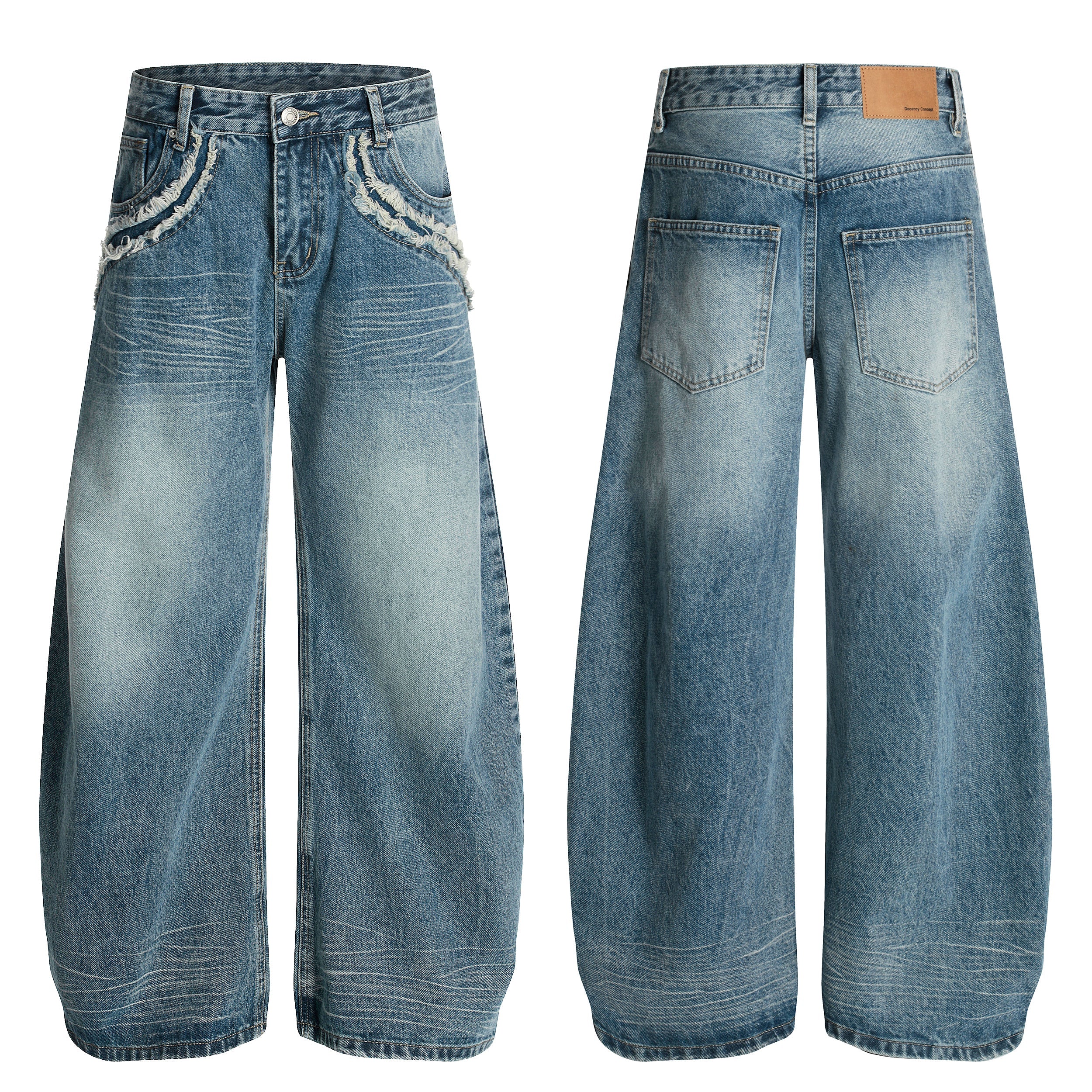Front and back view of wide-leg vintage-washed jeans with raw fringe pocket detailing and whisker distressing