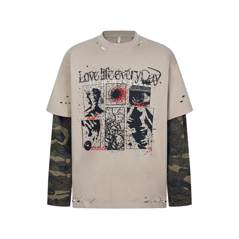 Beige graphic T-shirt with layered camouflage long sleeves and distressed holes, front view