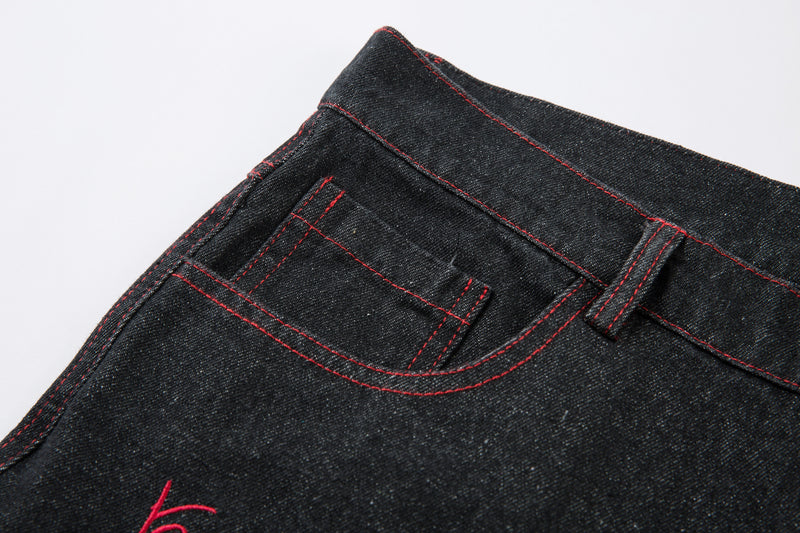 Omirad Red Stitch Embroidered Wide-Leg Jeans | 100% Cotton