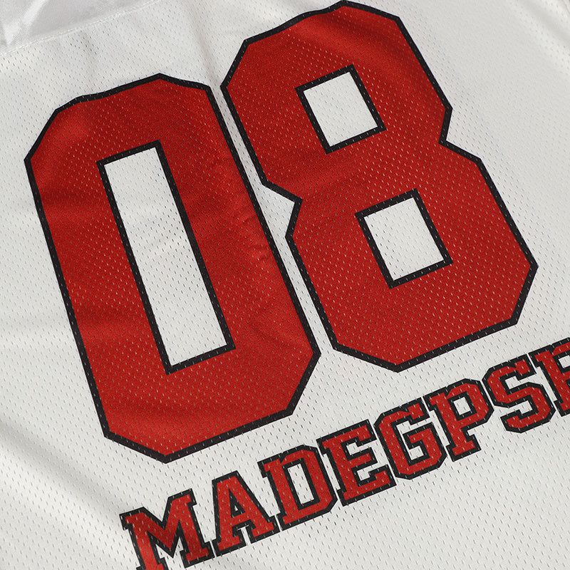 White mesh football jersey with bold red number 08 and black trim, featuring Madgepops streetwear lettering