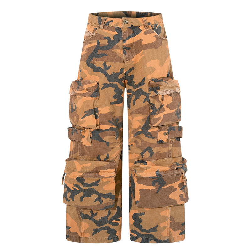 Heavy Tactical Camo Multi-Pocket Wide-Leg Cargo Pants