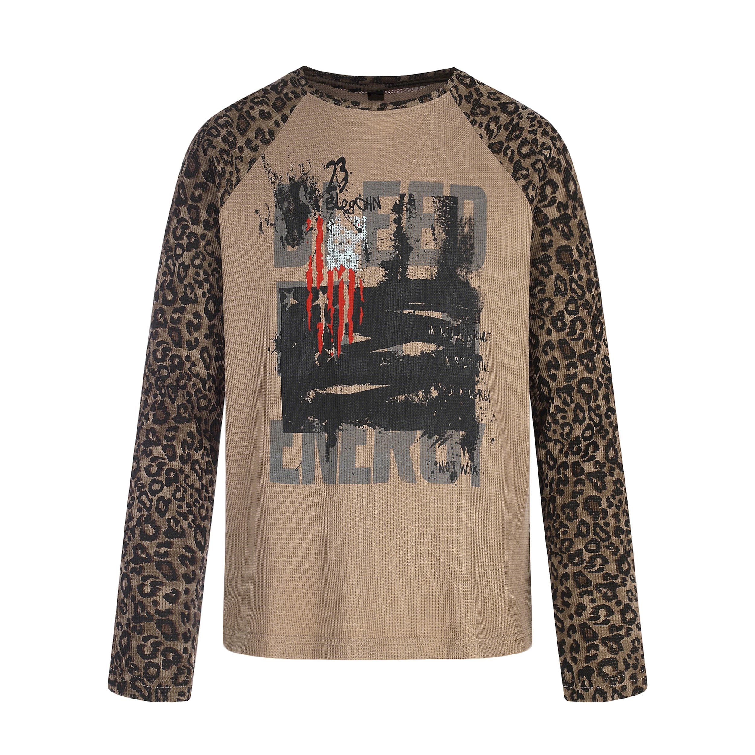 Leopard Raglan Sleeve Graphic Waffle Knit Long Sleeve T-Shirt