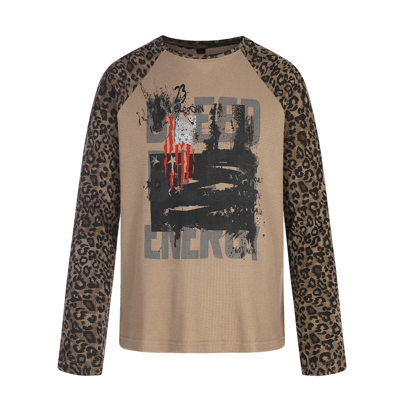 Front view of tan waffle knit long sleeve shirt with leopard sleeves and graphic print