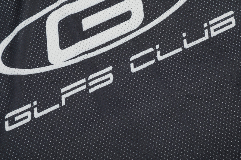 Close-up of black mesh jersey fabric with bold white GLFS Club logo print and sporty textured finish