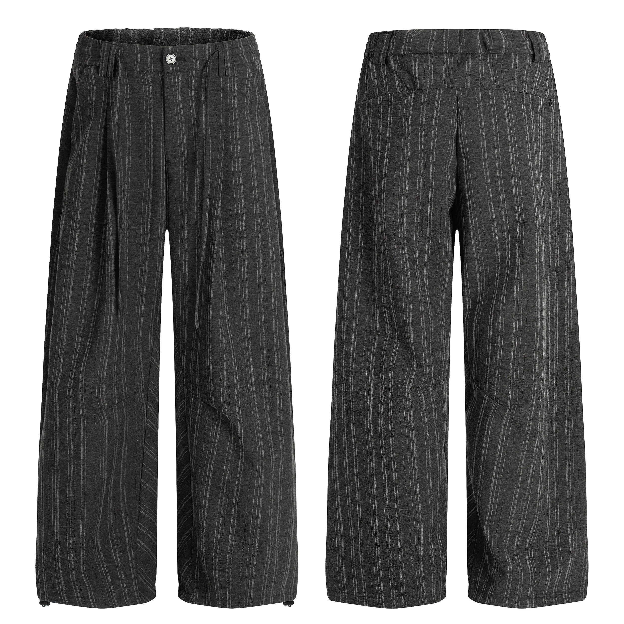 Dark charcoal pinstripe wide-leg pants with front pleats and drawstring cuffs, shown front and back