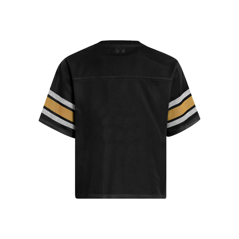 Black retro varsity mesh jersey with yellow and white striped sleeves, shown from the back on a white background