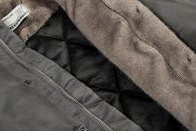 Faux Fur Collar Cropped Nylon Jacket | Smoke Gray & Black