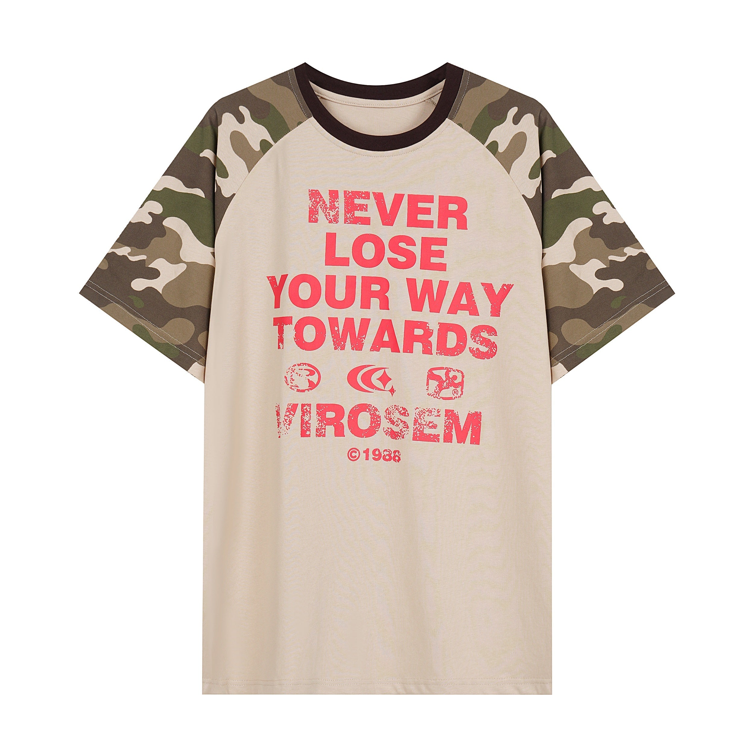 Beige raglan t-shirt with woodland camo sleeves and red Never Lose Your Way slogan print on the front