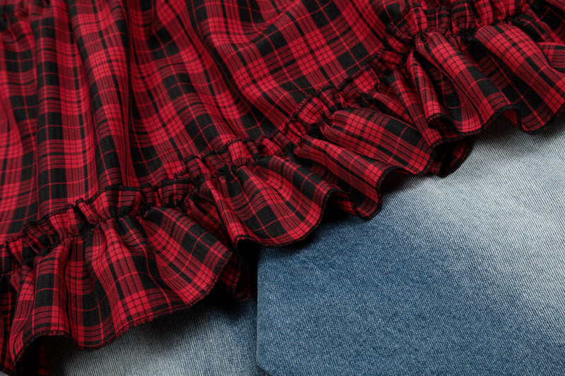 Plaid Ruffle Overlay Wide-Leg Denim Pants | Streetwear