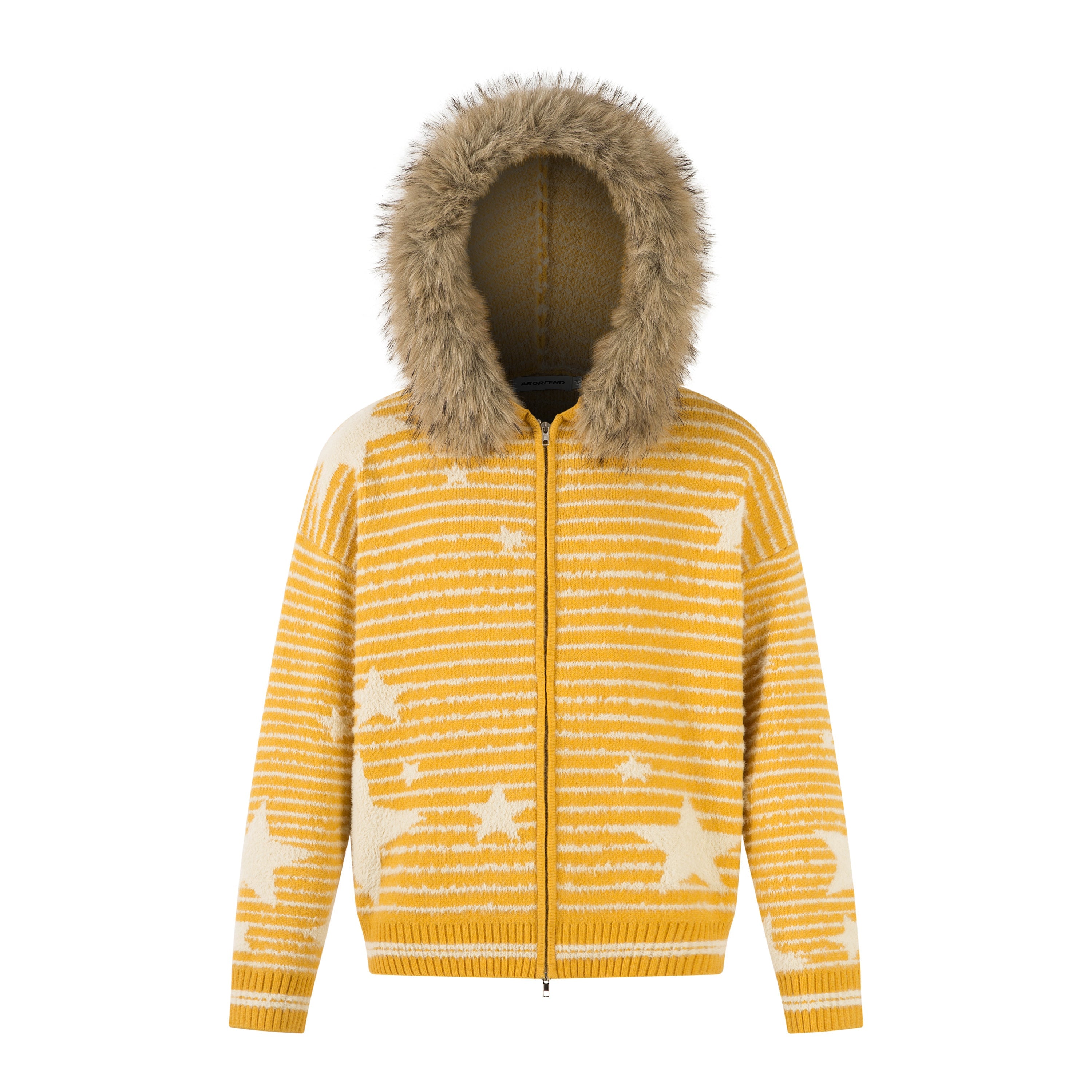 Star Knit Faux Fur Trim Hooded Zip Jacket | SEAKOFF