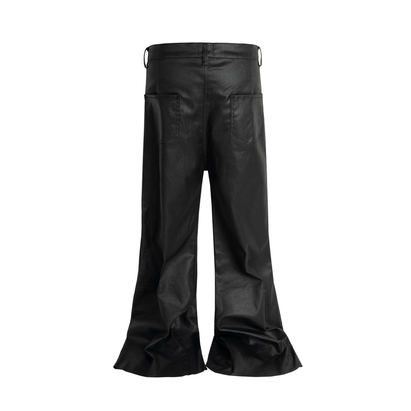 Back view of black leather-effect flare pants with back pockets and wide hems