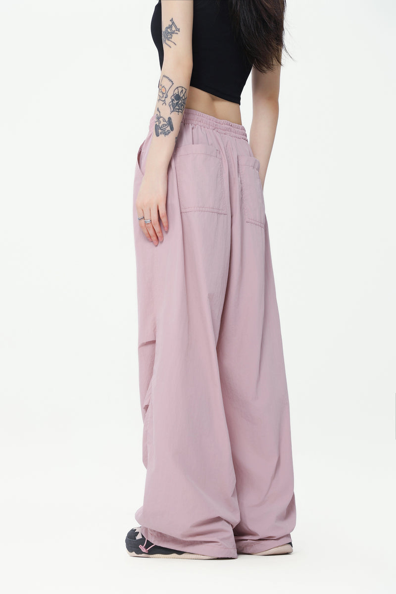 Lightweight Nylon Drawstring Parachute Pants | Wide Leg