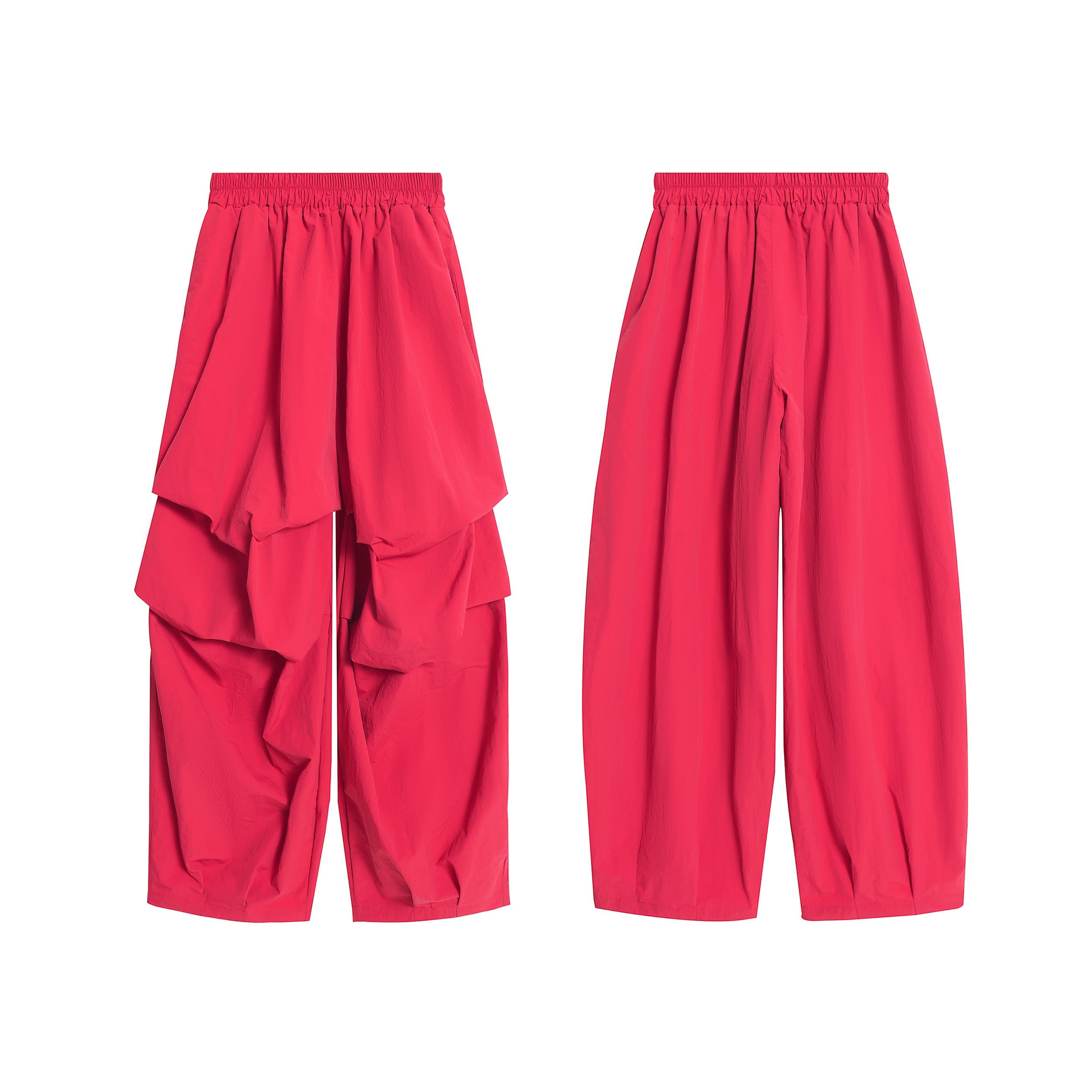 Front and back view of hot pink layered wide-leg utility pants with tiered draped panels and elastic waistband