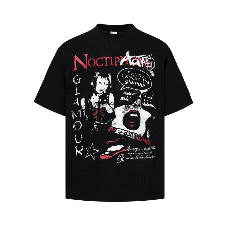 Black cotton graphic tee with punk-style collage print, Noctipanic text, and bold red, white, and black accents