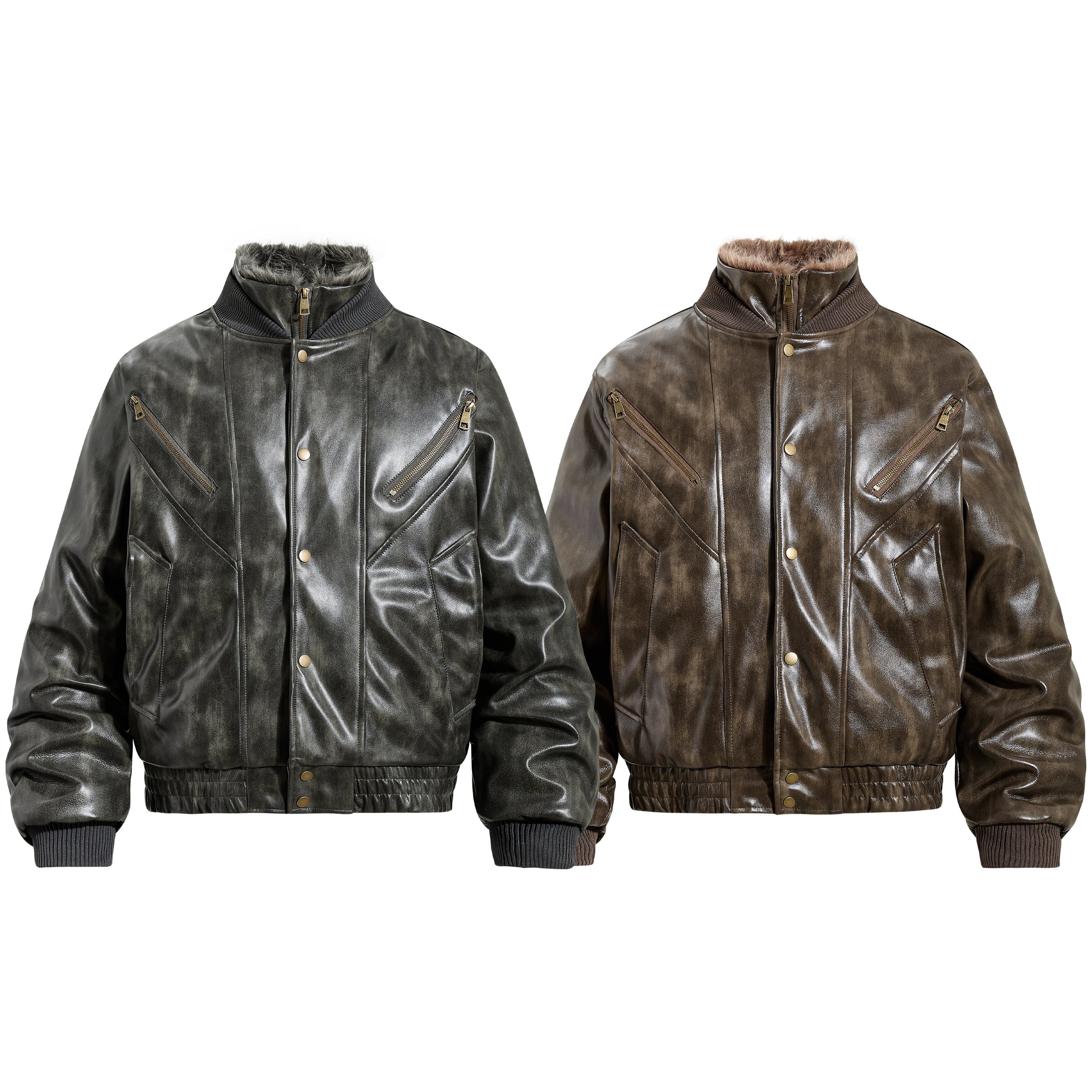 Omirad faux leather bomber jacket in charcoal grey and brown with faux fur collar and brass zip detailing, shown front view