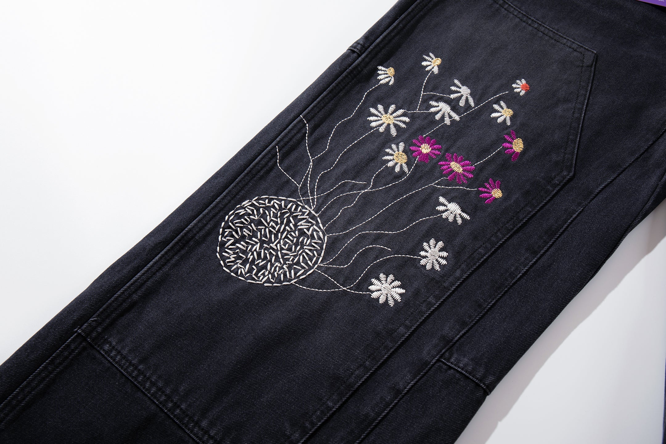 Floral Embroidered Wide-Leg Carpenter Jeans | Washed Black