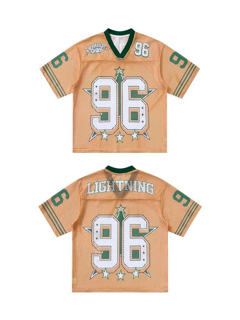 Beige mesh jersey T-shirt with green trim, oversized 96 graphic, and Lightning text on the back