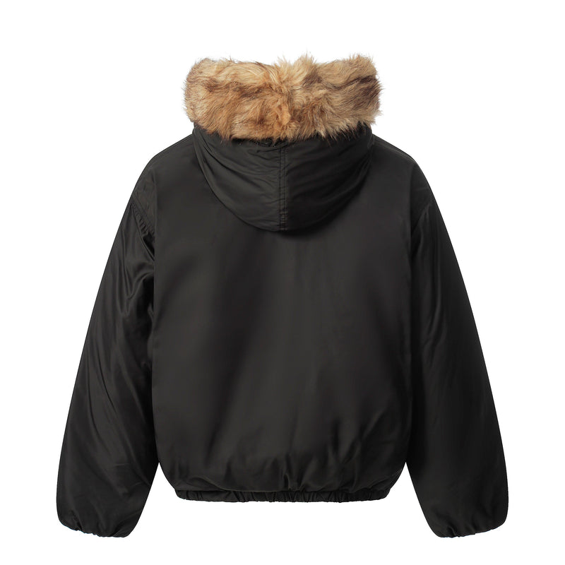 Faux Fur Trimmed Hooded Puffer Jacket | Army Green & Black
