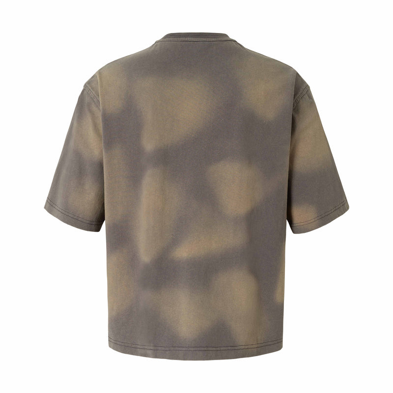 Washed brown oversized T-shirt with abstract vintage-style dye pattern and short sleeves, back view on white background