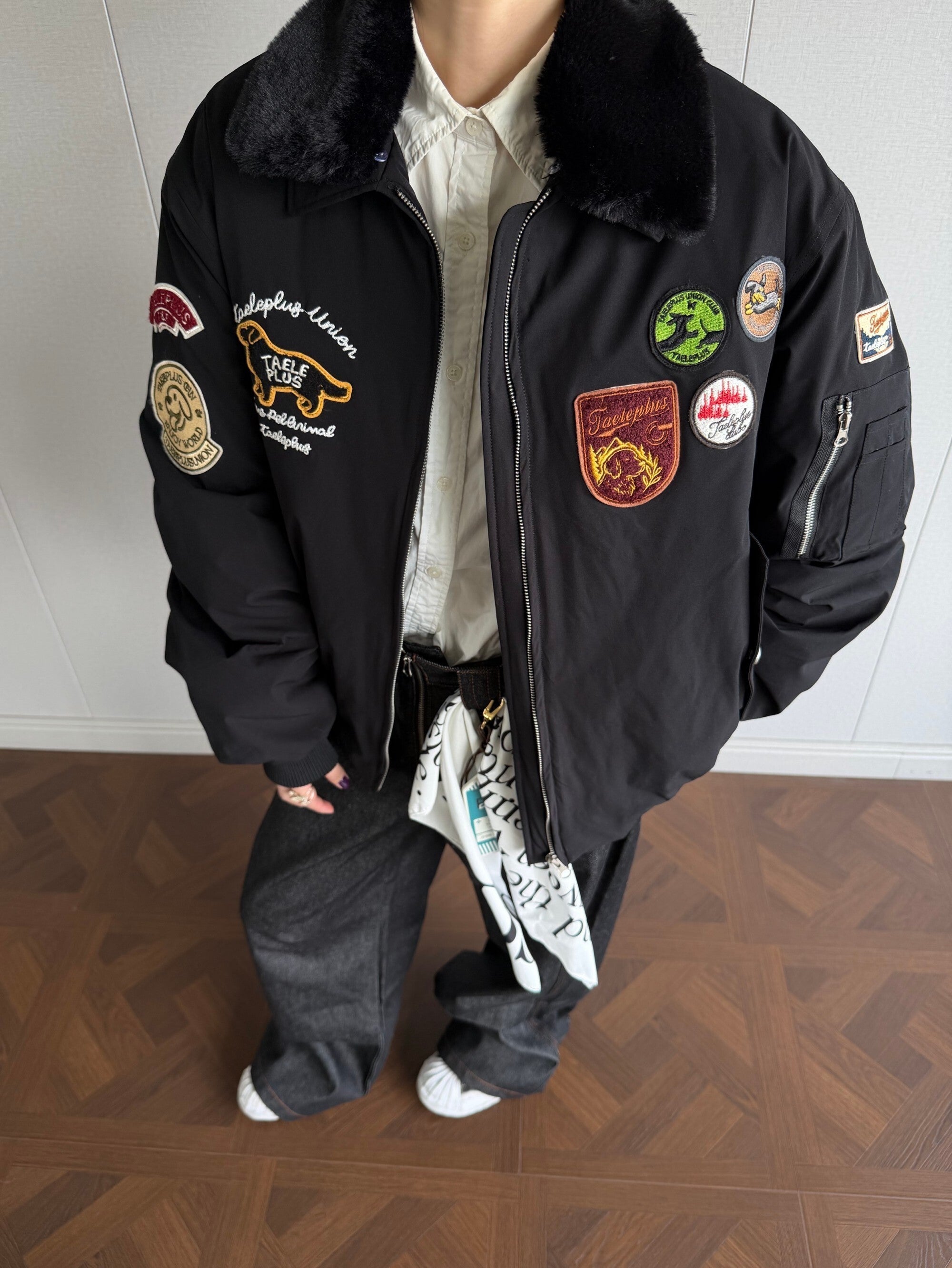 Taele Plus Aviation Patch Bomber Jacket with Fur Collar