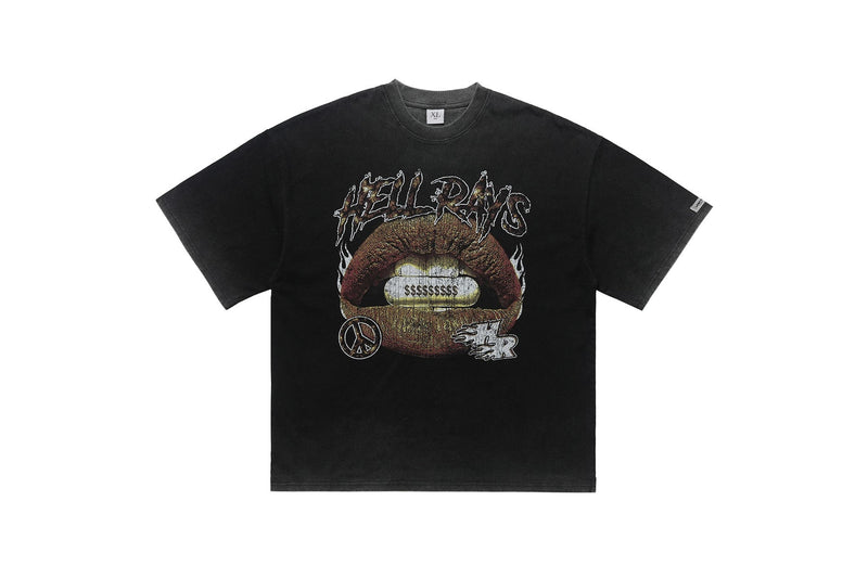 Black vintage washed graphic tee with Hellrays print, oversized lips and punk-inspired streetwear design