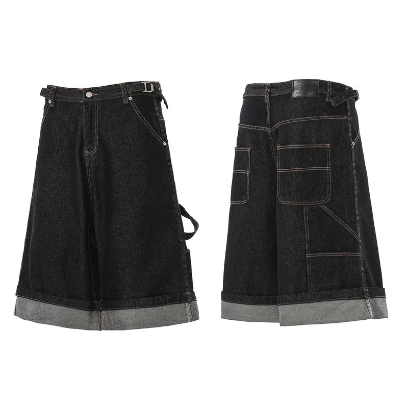Black wide-leg denim cargo shorts with raw hem, shown front and back