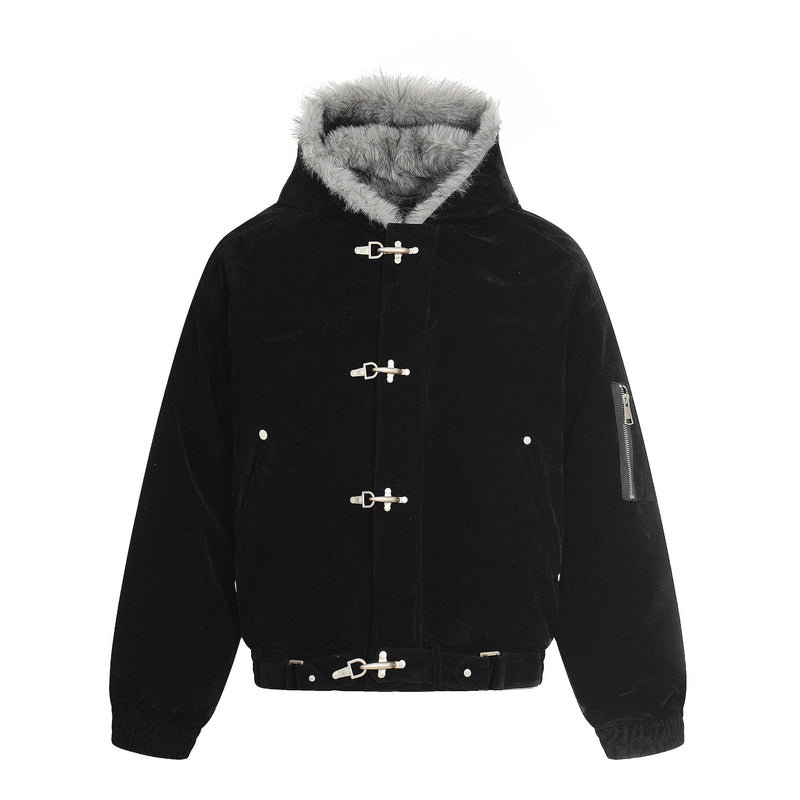 Omirad Faux Suede Fur-Lined Hooded Bomber Jacket