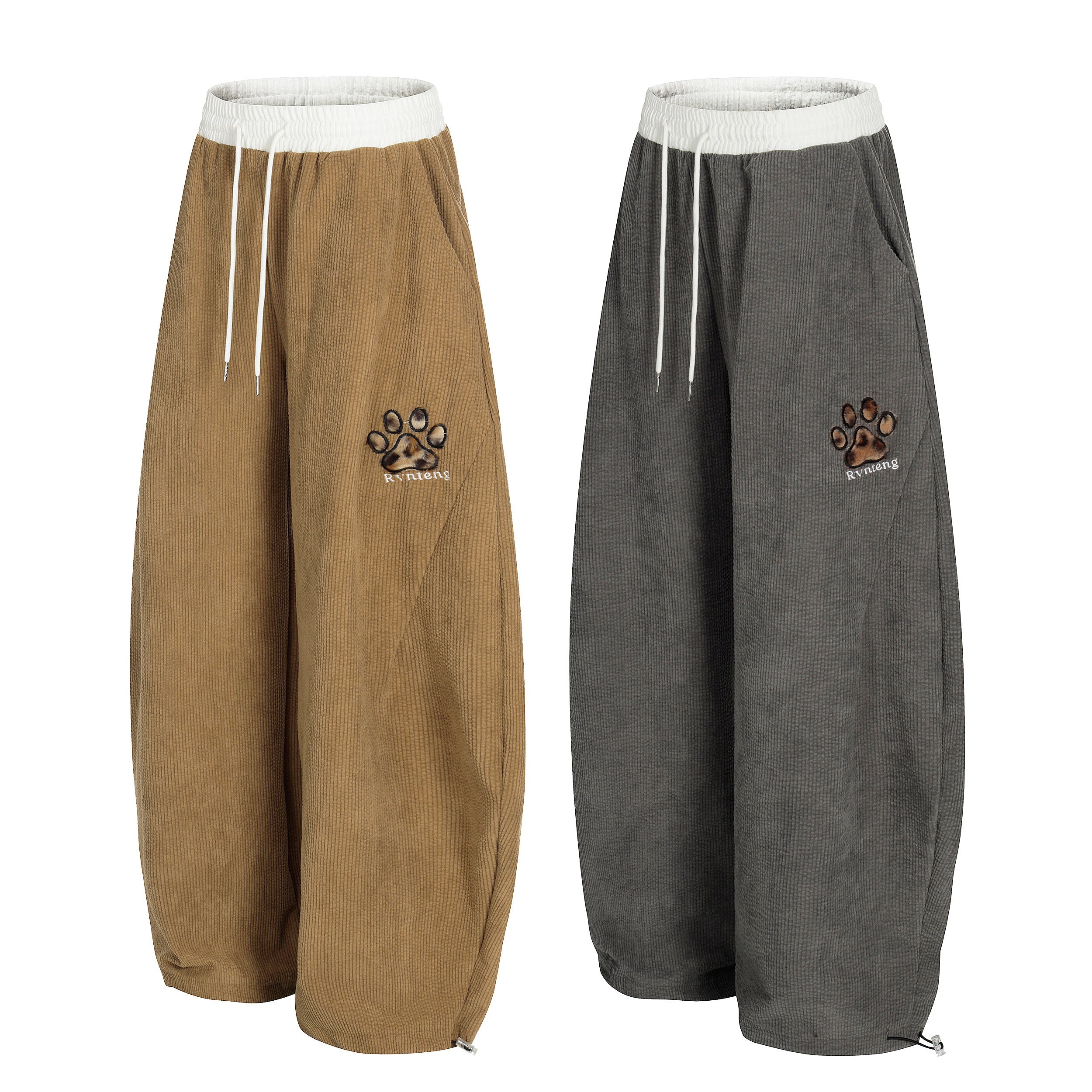 Corduroy Paw Embroidered Barrel-Leg Pants | Streetwear