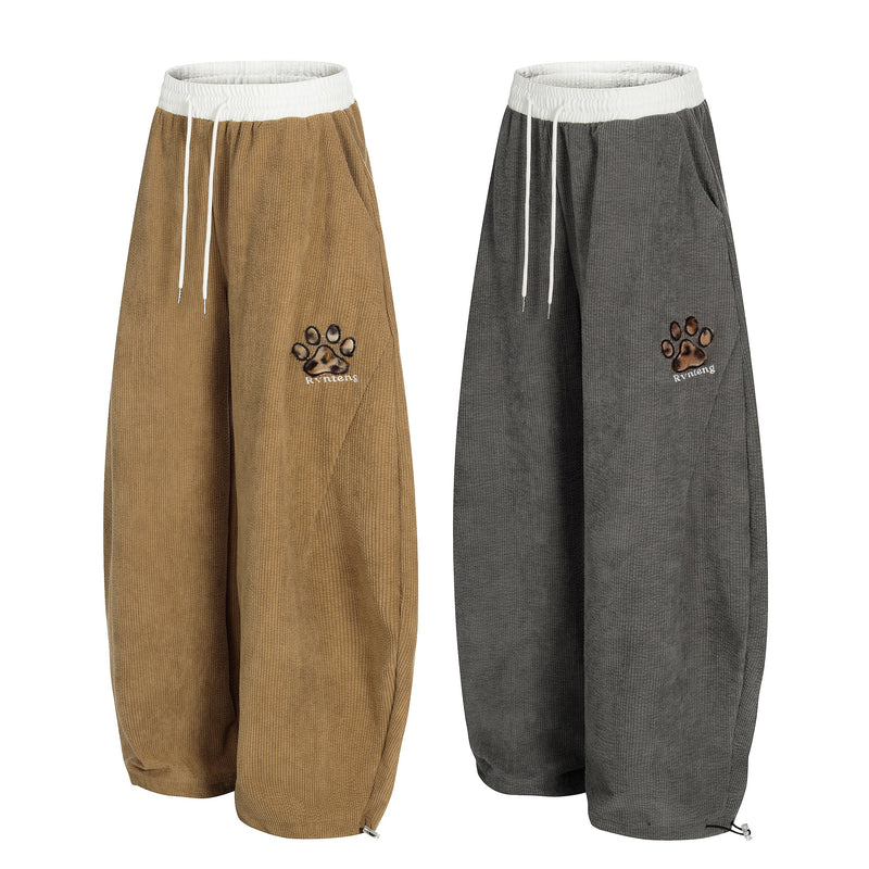 Corduroy Paw Embroidered Barrel-Leg Pants | Streetwear