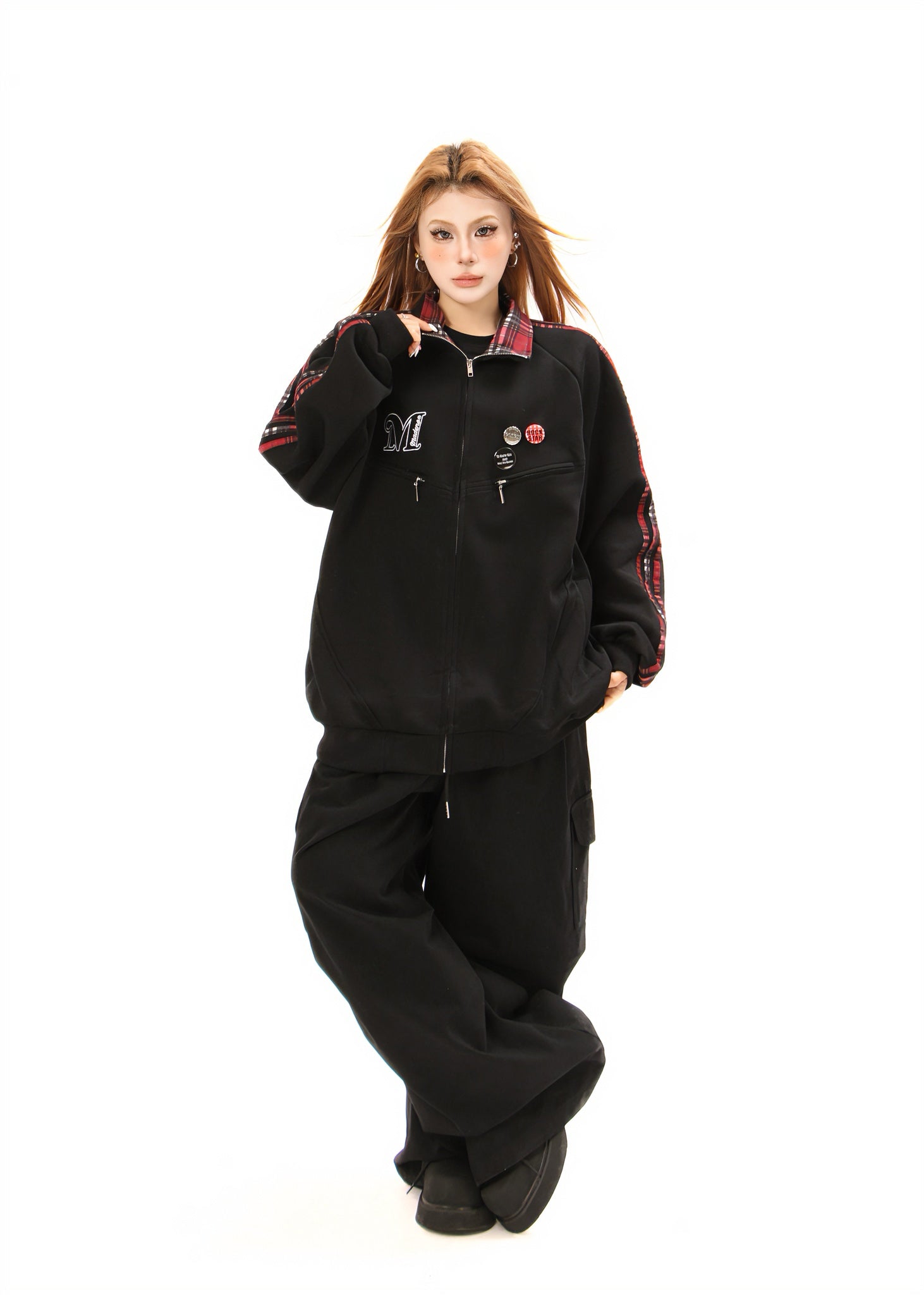 Omirad Plaid-Trim Track Jacket with Embroidered Logo & Pins