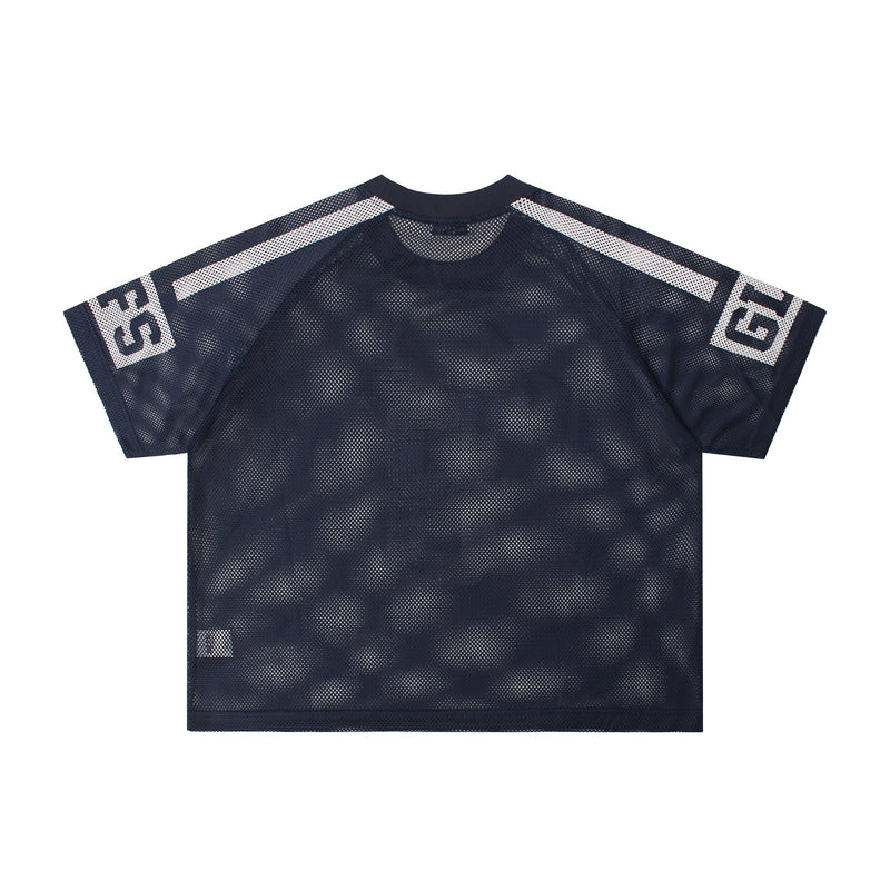 Navy oversized mesh varsity jersey with white shoulder stripes and bold Seakoff No. 8 sleeve graphics