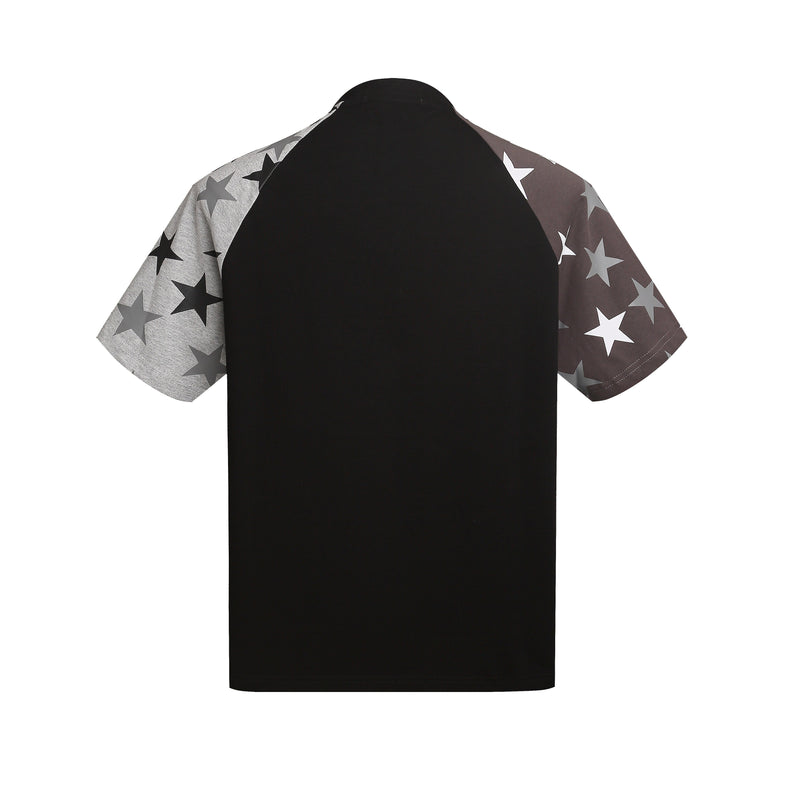 Black raglan T-shirt with gray star-print sleeves, featuring a Y2K streetwear gothic script style on a white background