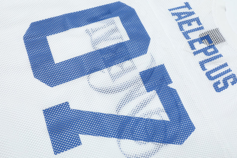 White oversized mesh jersey tee with bold blue varsity-style graphics and perforated athletic fabric detail