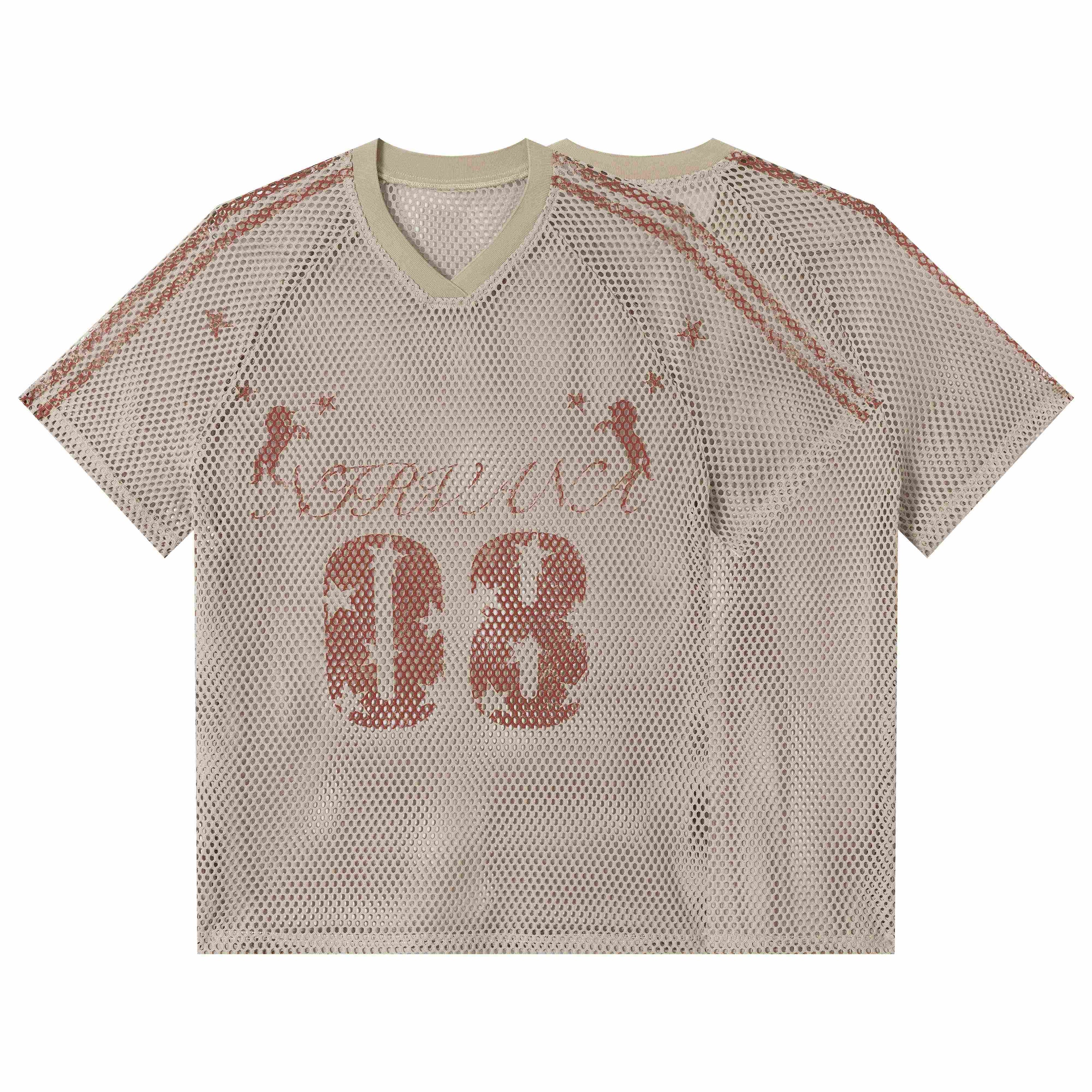 Flat lay of a sand-colored open mesh oversized football jersey tee with rust-red number 08 graphic and contrast sleeve stitch