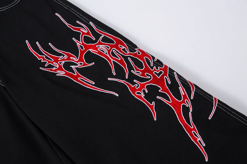 Flame Graphic Wide-Leg Black Denim Jeans | Streetwear