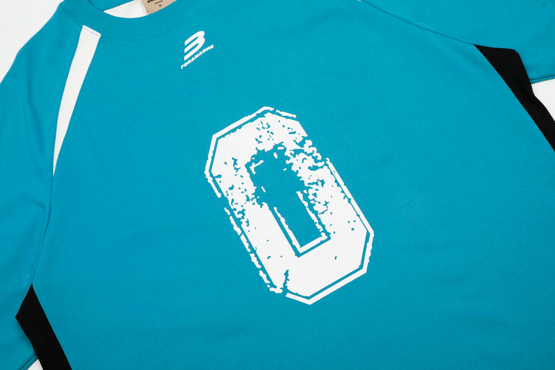 Turquoise varsity-style athletic T-shirt with large distressed white number 0 and black side color block accents
