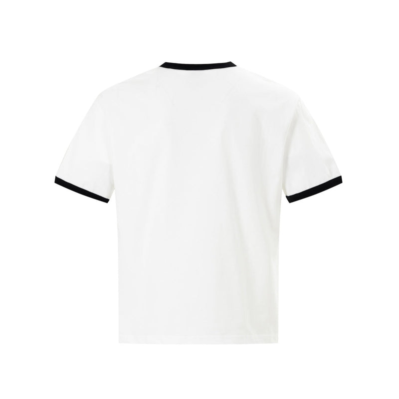White ringer tee with black trim on collar and sleeves, featuring a clean retro Y2K streetwear silhouette