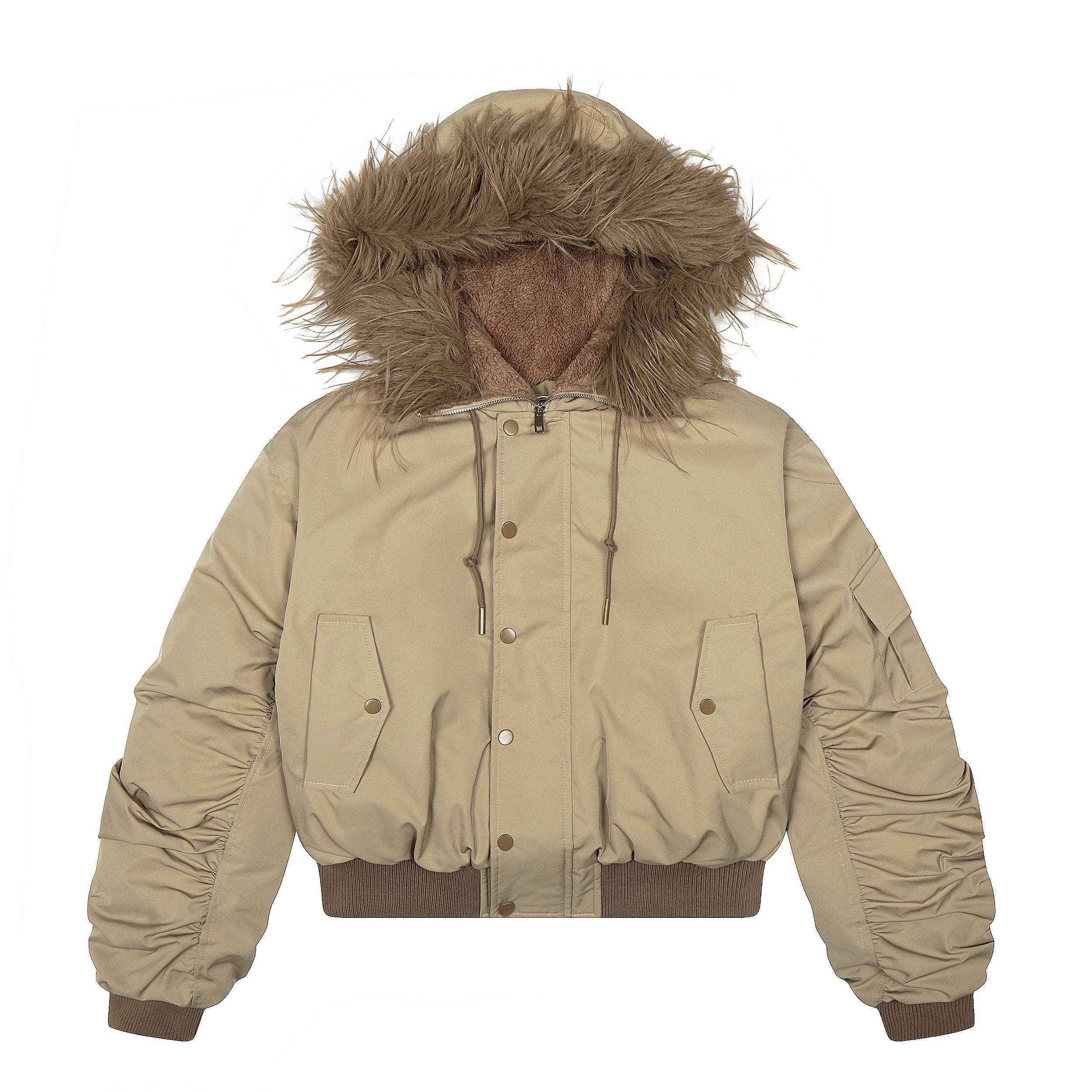 Khaki tan nylon bomber jacket with oversized faux fur trimmed hood, ruched sleeves, snap pockets and ribbed hem, front view