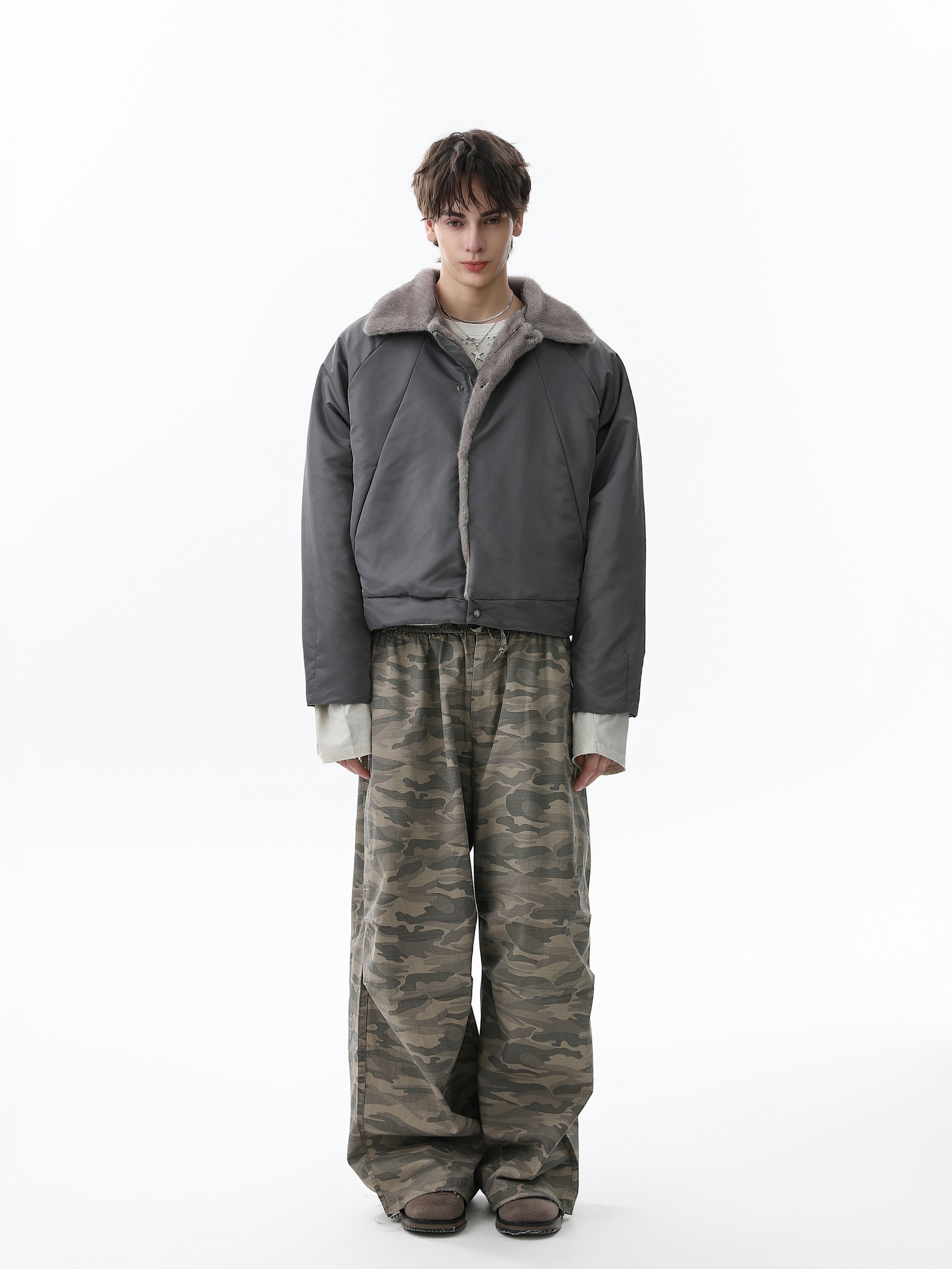 Faux Fur Collar Cropped Nylon Jacket | Smoke Gray & Black