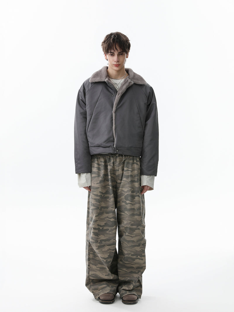 Faux Fur Collar Cropped Nylon Jacket | Smoke Gray & Black