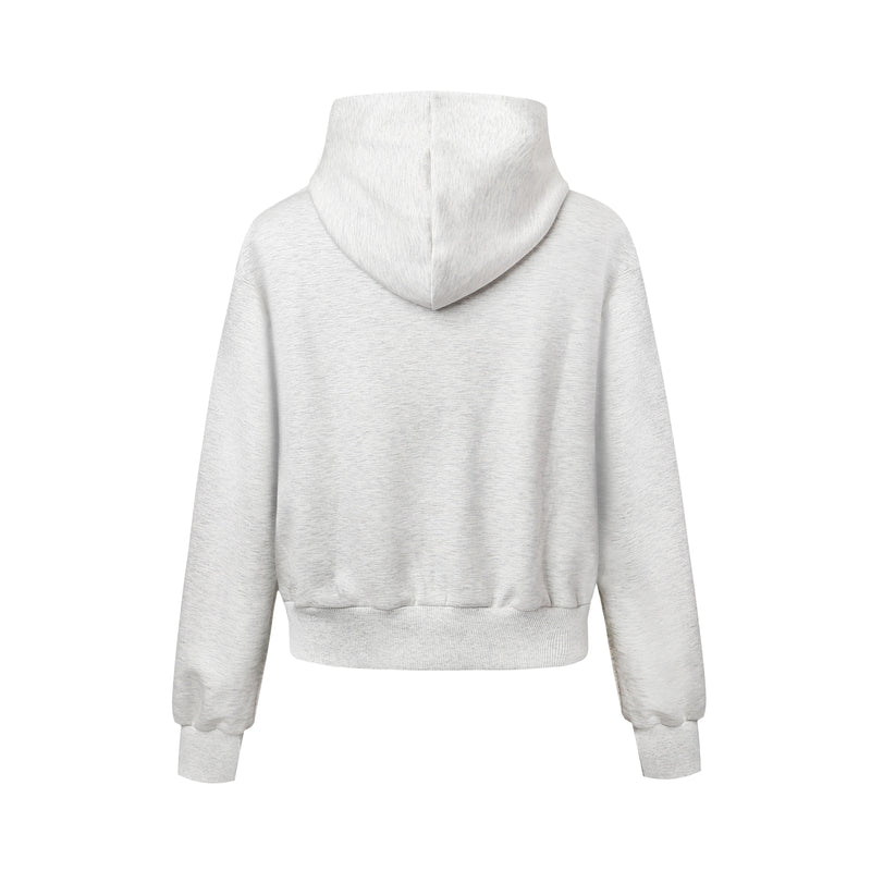 Light gray zip hoodie, back view with hood and ribbed hem