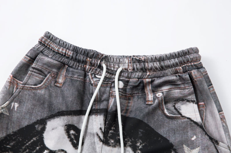 Cat Print Barrel Leg Jeans | Washed Grey Street Art Denim