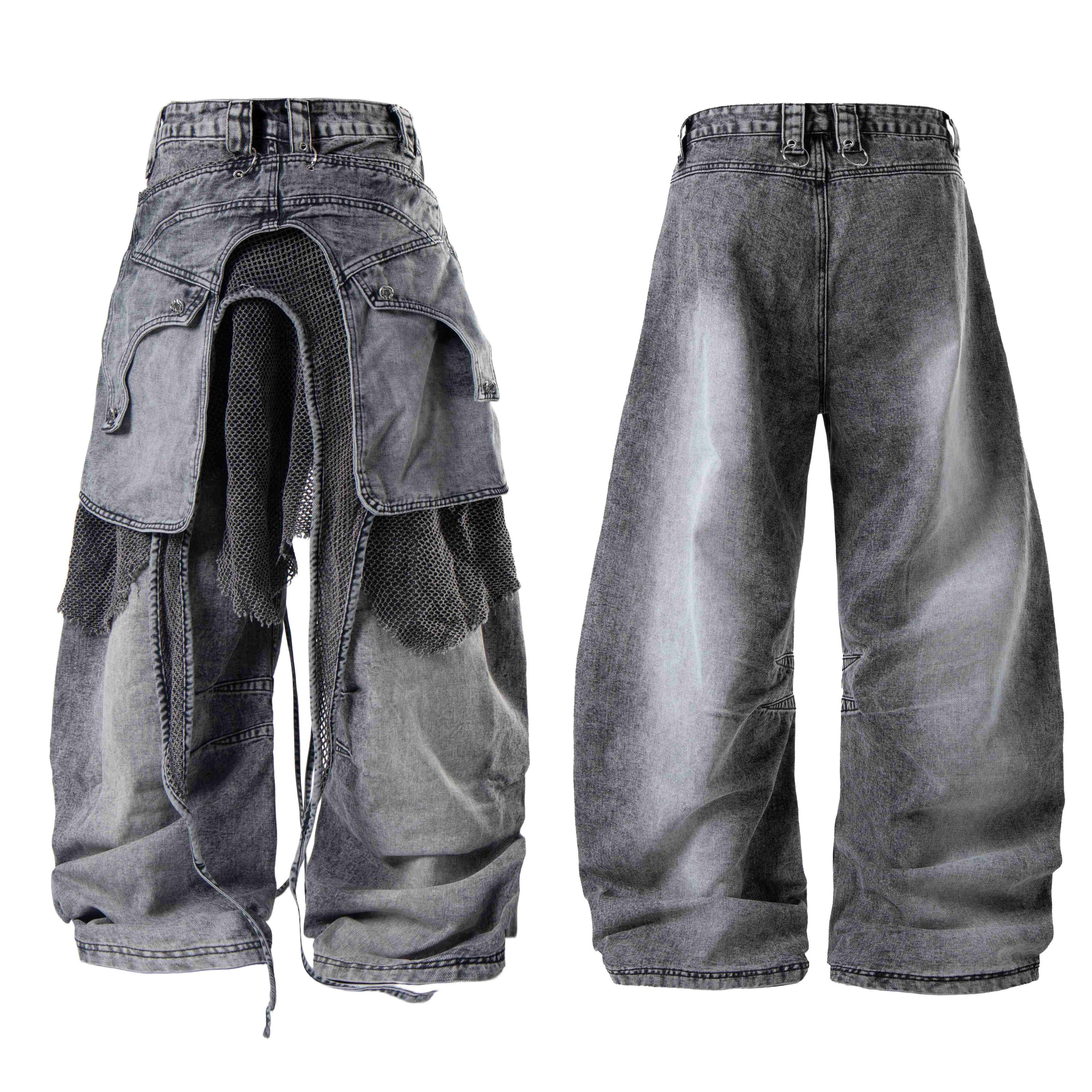 Convertible Utility Baggy Jeans | Cargo Mesh Distressed Denim