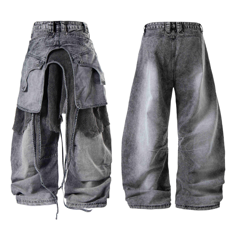 Convertible baggy jeans with detachable cargo mesh panels, front and back view