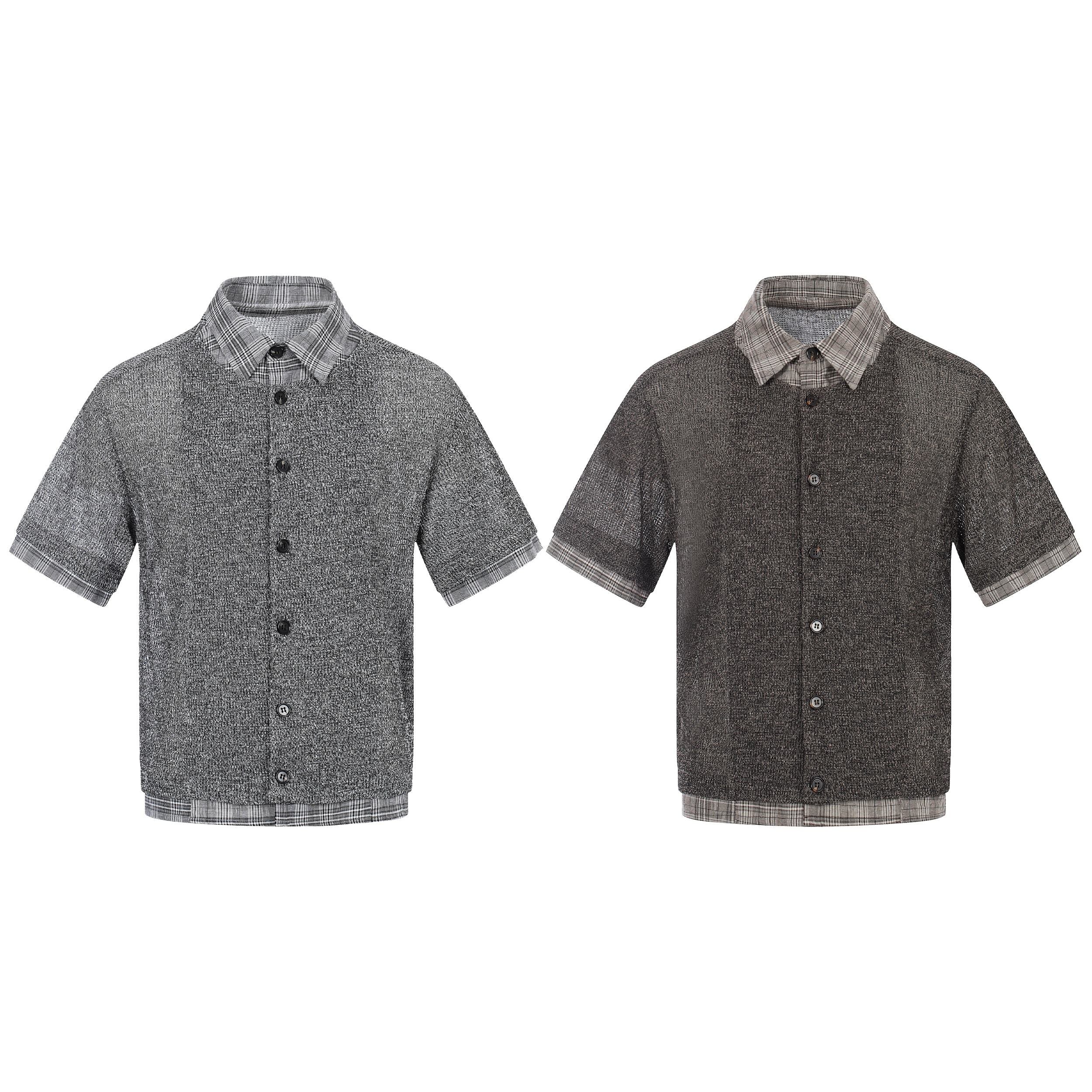 Omirad layered knit check shirt in light grey and dark charcoal, showing contrast plaid collar, cuffs, and hem detail