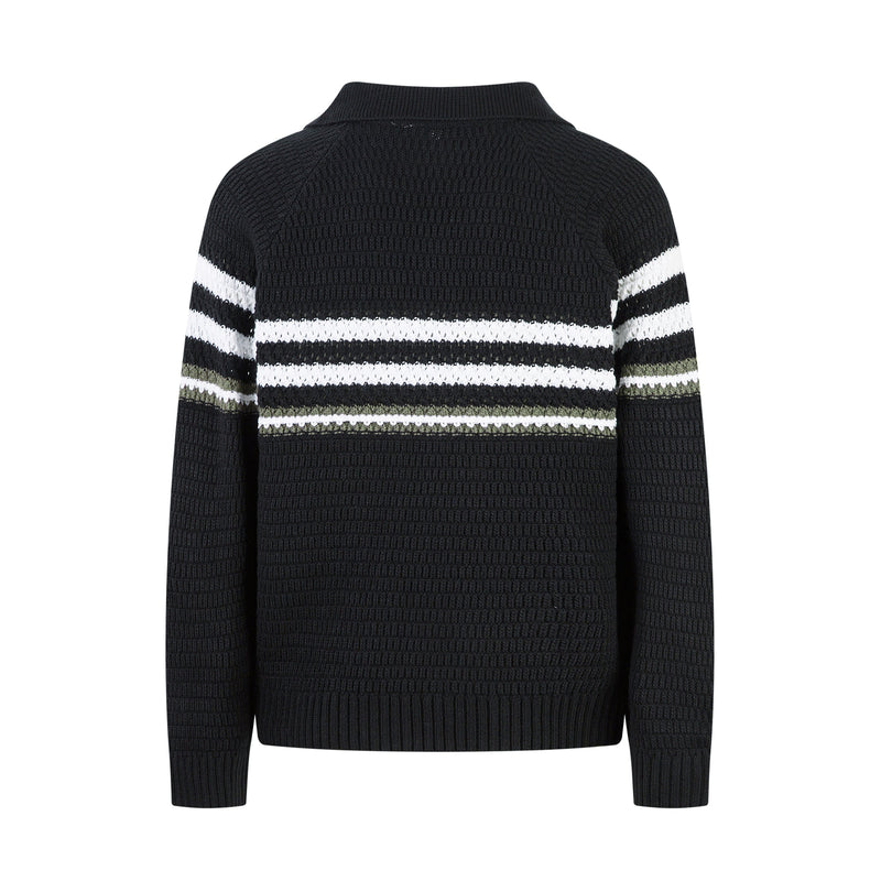 Black knit polo sweater with striped chest and sleeves, back view