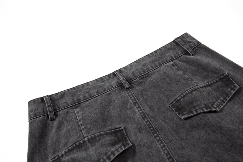 Close-up of back waistband and rear pocket on washed black cargo pants