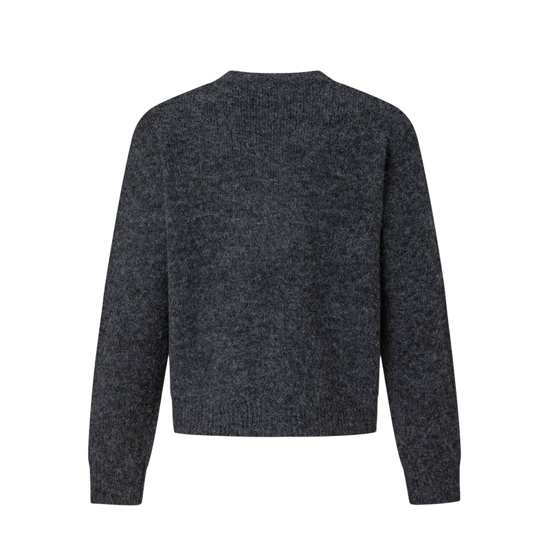 Dark charcoal cardigan back view with long sleeves and ribbed hem