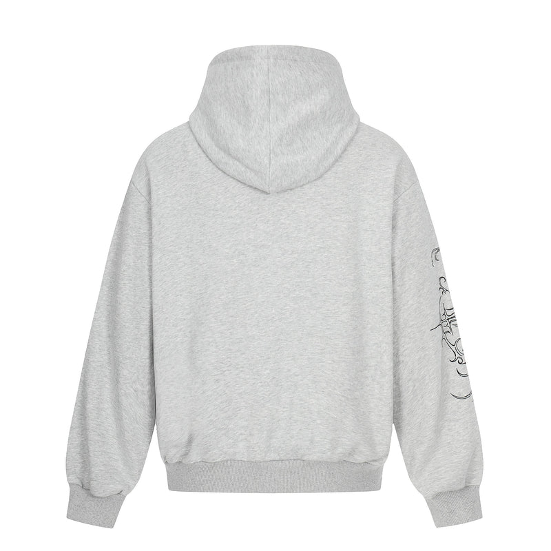 Back view of light gray oversized hoodie with plain hood and shoulders