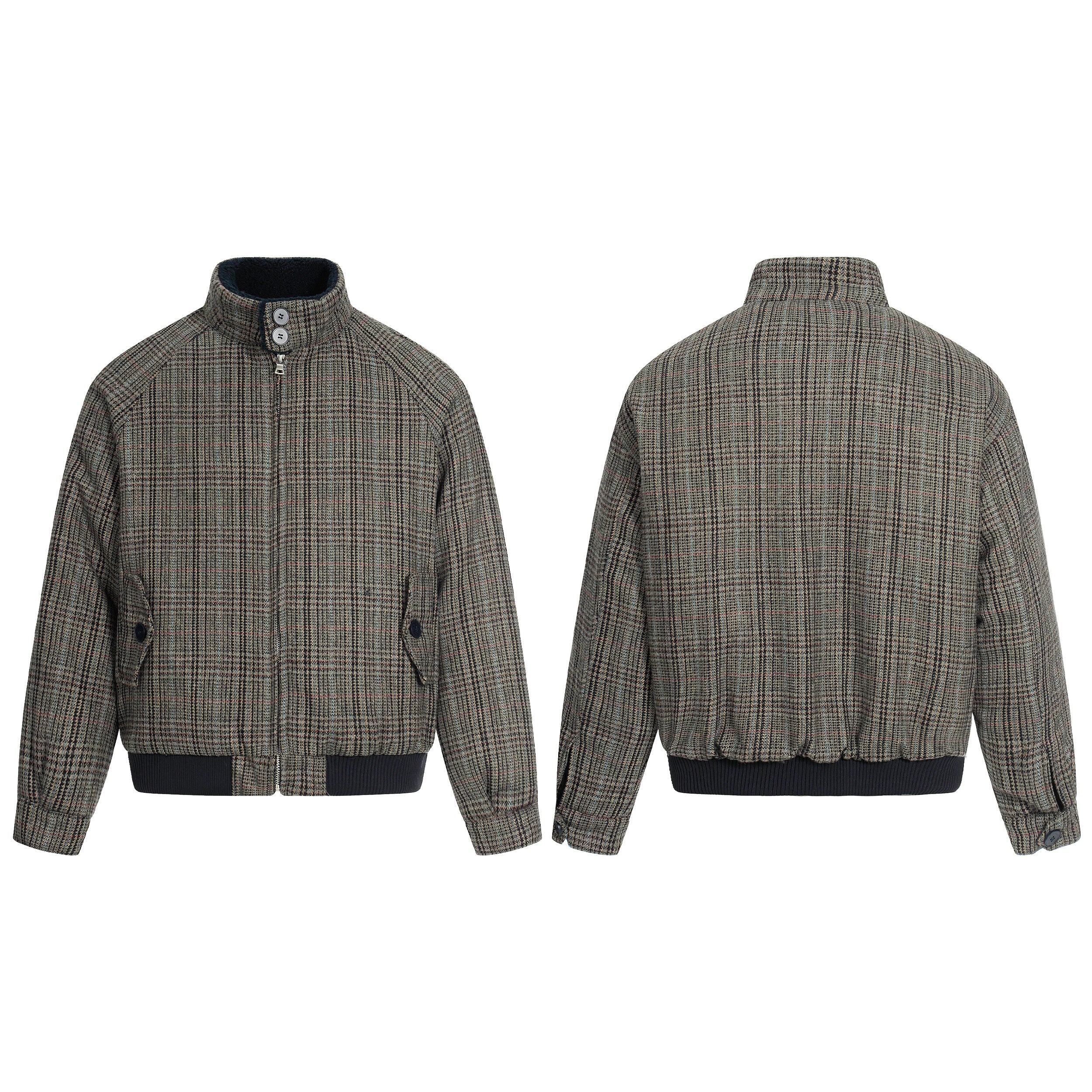 Front and back view of a men's vintage Glen plaid wool blend bomber jacket with ribbed cuffs, navy hem, and button-collar det